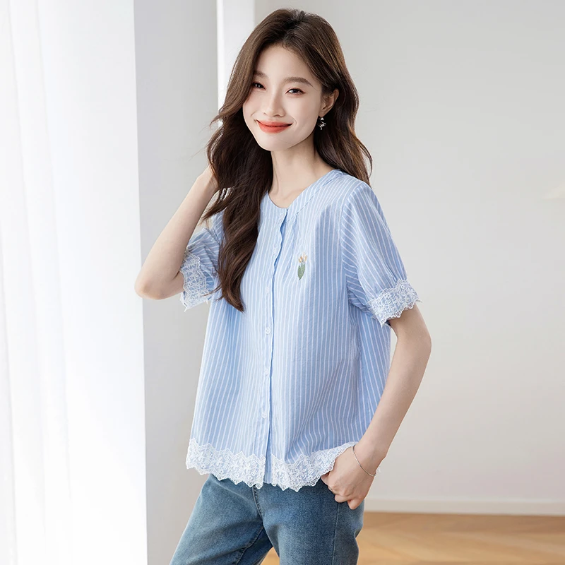 圆领短袖夏季休闲风衬衫小衫小众宽松条纹女装设计感