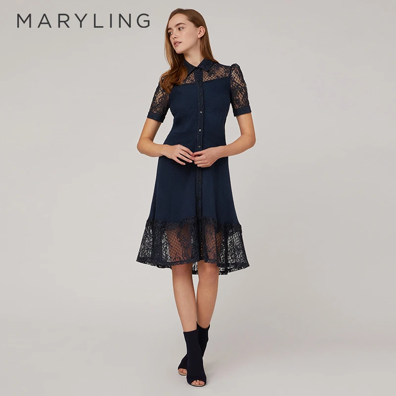 MARYLING玛俪琳春季时尚午夜蓝气质优雅蕾丝短袖连衣裙A1CBW04630