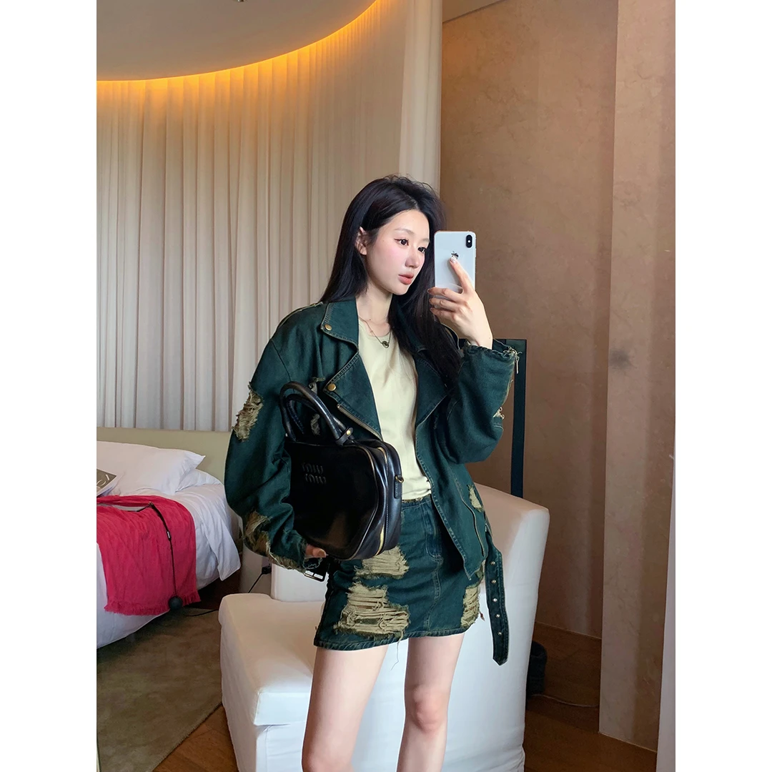 FORNI Be a cool y 时尚复古破洞牛仔套装短款休闲套装