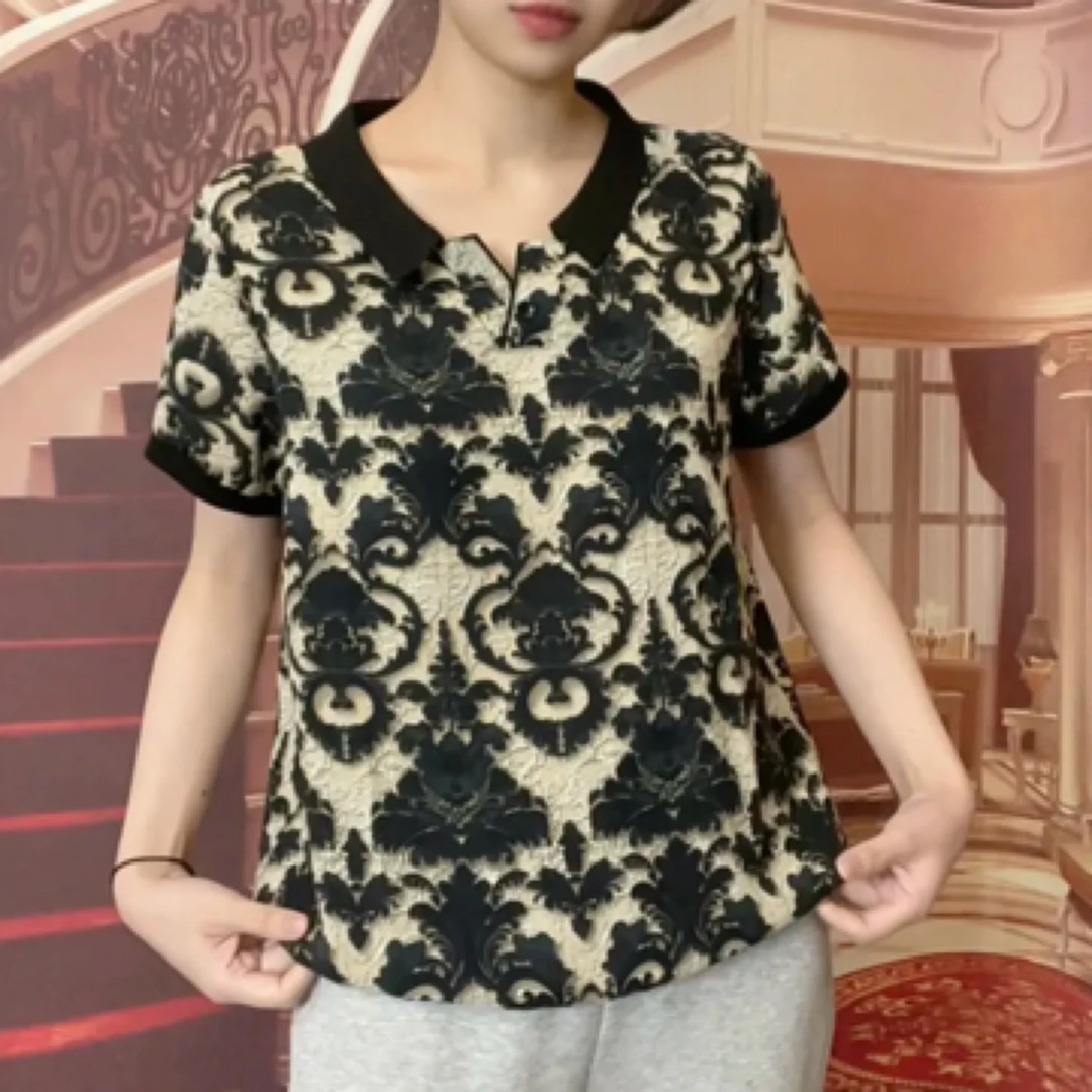 常规款印花碎花中国风打底衫蕾丝休闲夏季提花气质上衣减龄