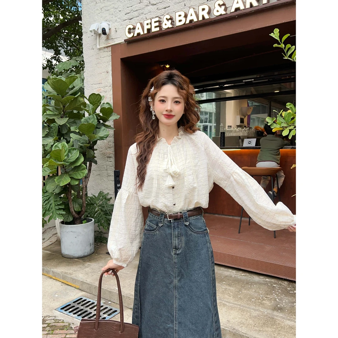 温敏er【春日雪芙】港风复古纯色衬衫女宽松显瘦上衣MX9019427