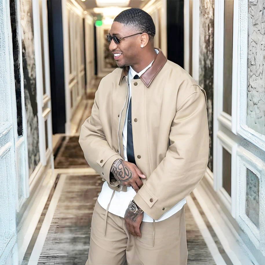 巴恩风拼皮翻领工装外套男秋冬美式复古cleanfit老钱短款夹克棉服