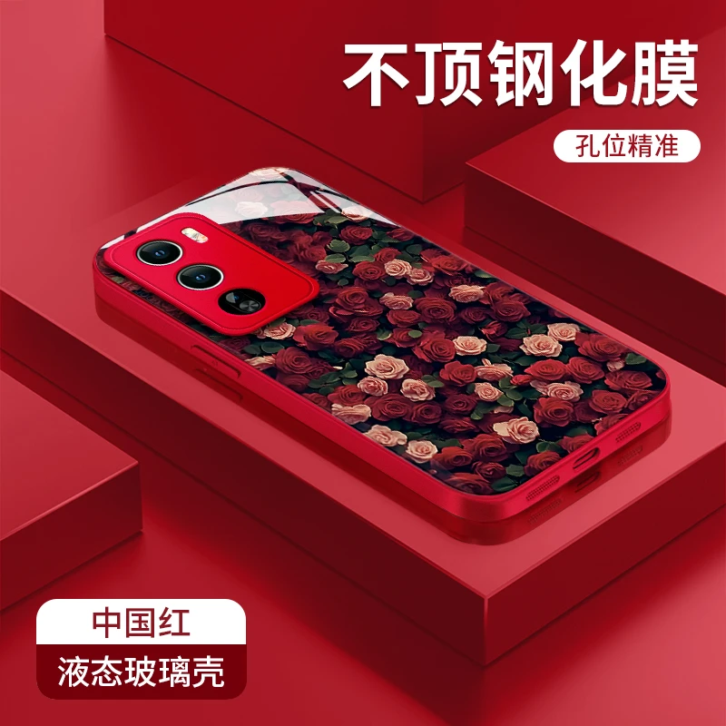 适用于opporeno12红玫瑰金属漆玻璃壳防摔手机壳女款高级感