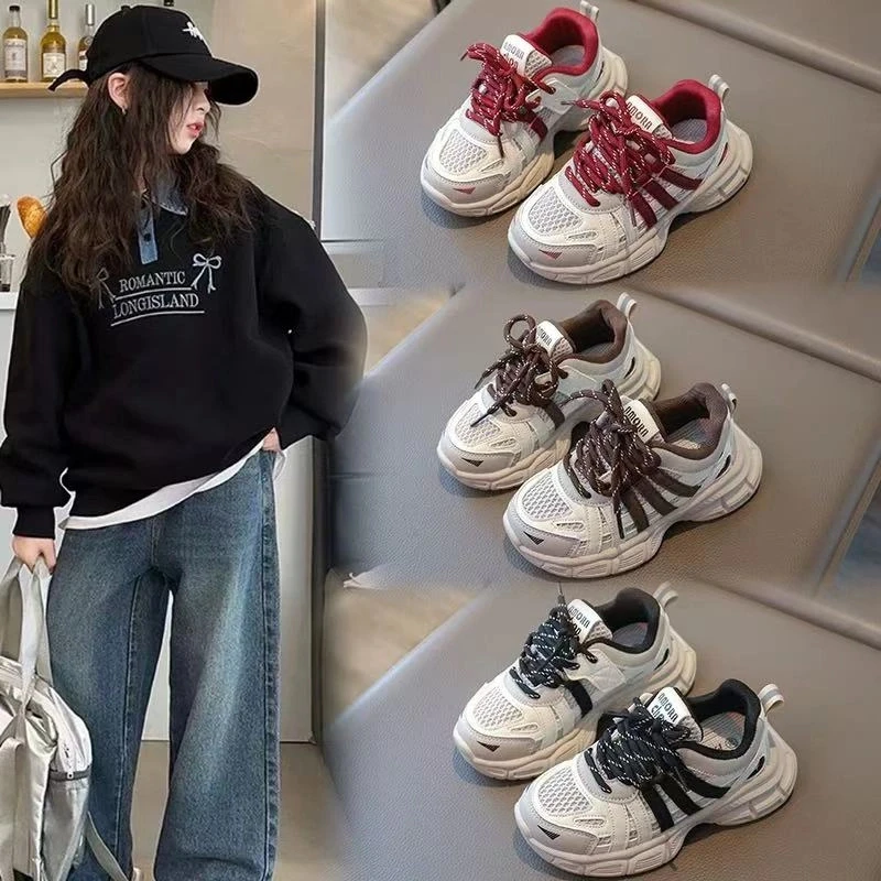 ABC女童运动鞋休闲透气网面男童老爹鞋2025春秋新款防滑百搭鞋子.