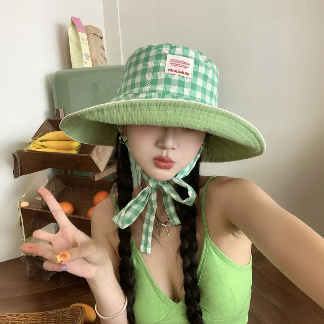 韩版ins格纹宽边系带渔夫帽女夏大檐防紫外线双面帽盆帽学生防晒