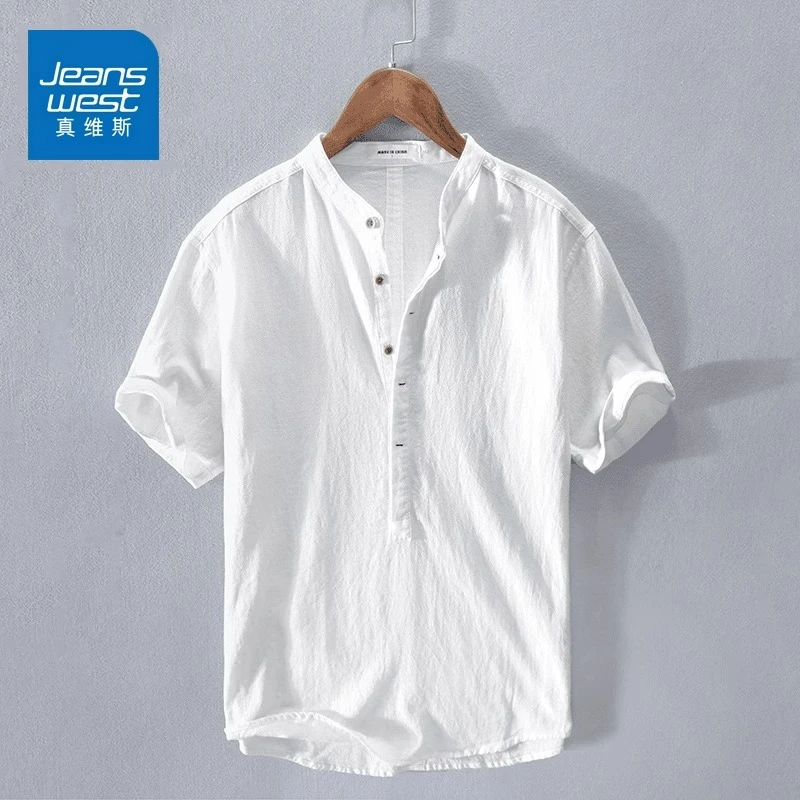 真维斯亚麻短袖衬衫男士夏季薄款宽松简约百搭休闲T恤衬衣男白色