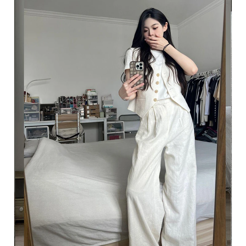 老钱风时尚亚麻套装女夏季薄高级感小众休闲白色马甲阔腿裤两件套