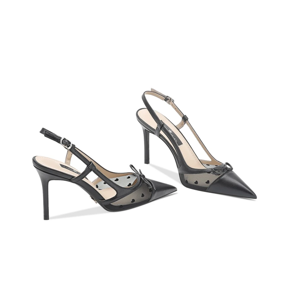 【手工女鞋】黑色一字带高跟鞋女夏季新款细跟尖头后空凉鞋小码33