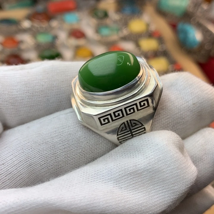 和田玉（碧玉）戒指足银镶嵌
