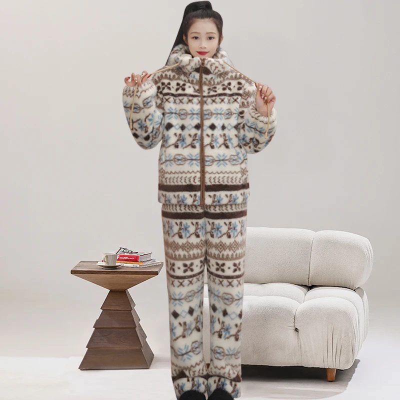 费尔岛兔毛绒法式秋冬加厚男女慵懒感睡衣家居服套装可外穿