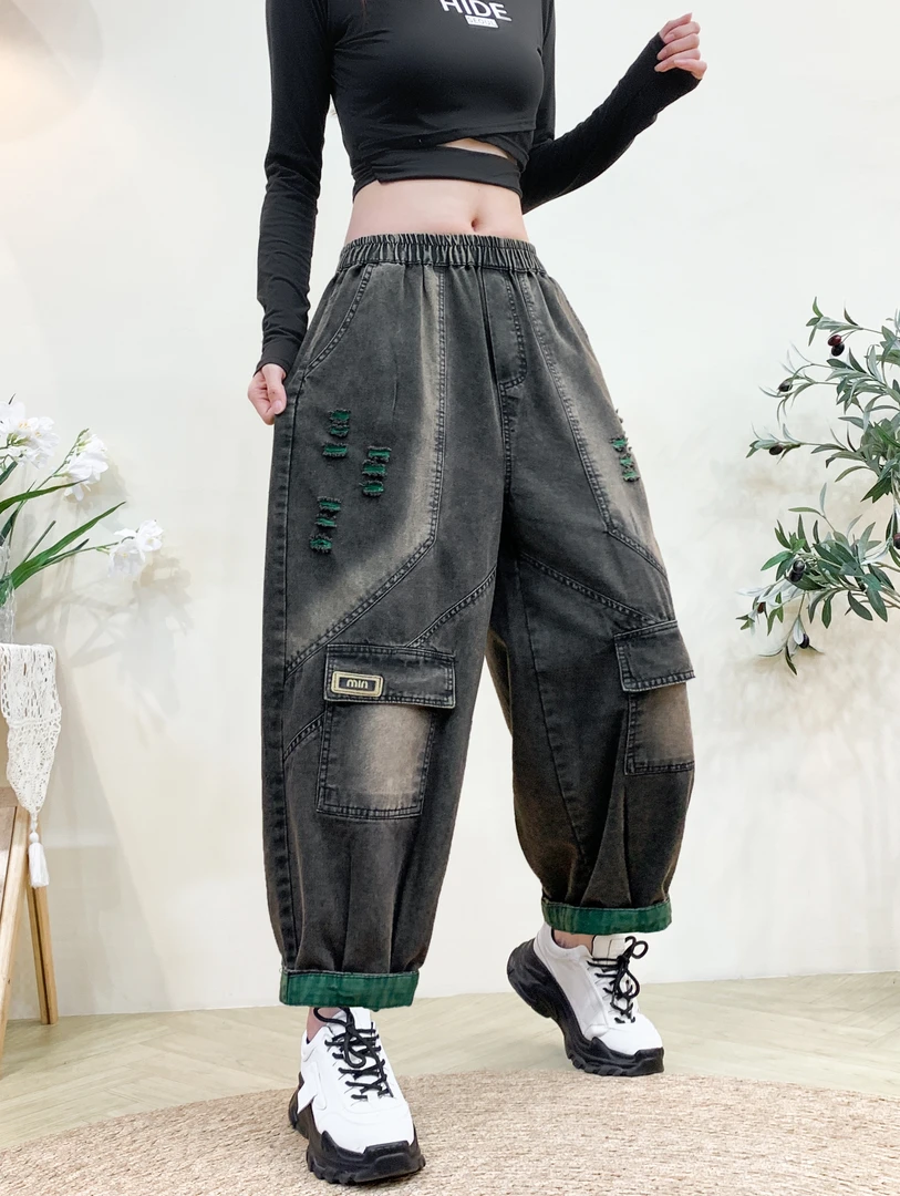 春季女装大码薄款口袋破洞磨白水洗软牛仔裤休闲个性舒适哈伦裤女