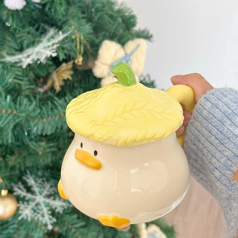 可爱女生超萌草帽小黄鸭陶瓷杯子带盖趣味马克杯釉下彩水杯高颜值