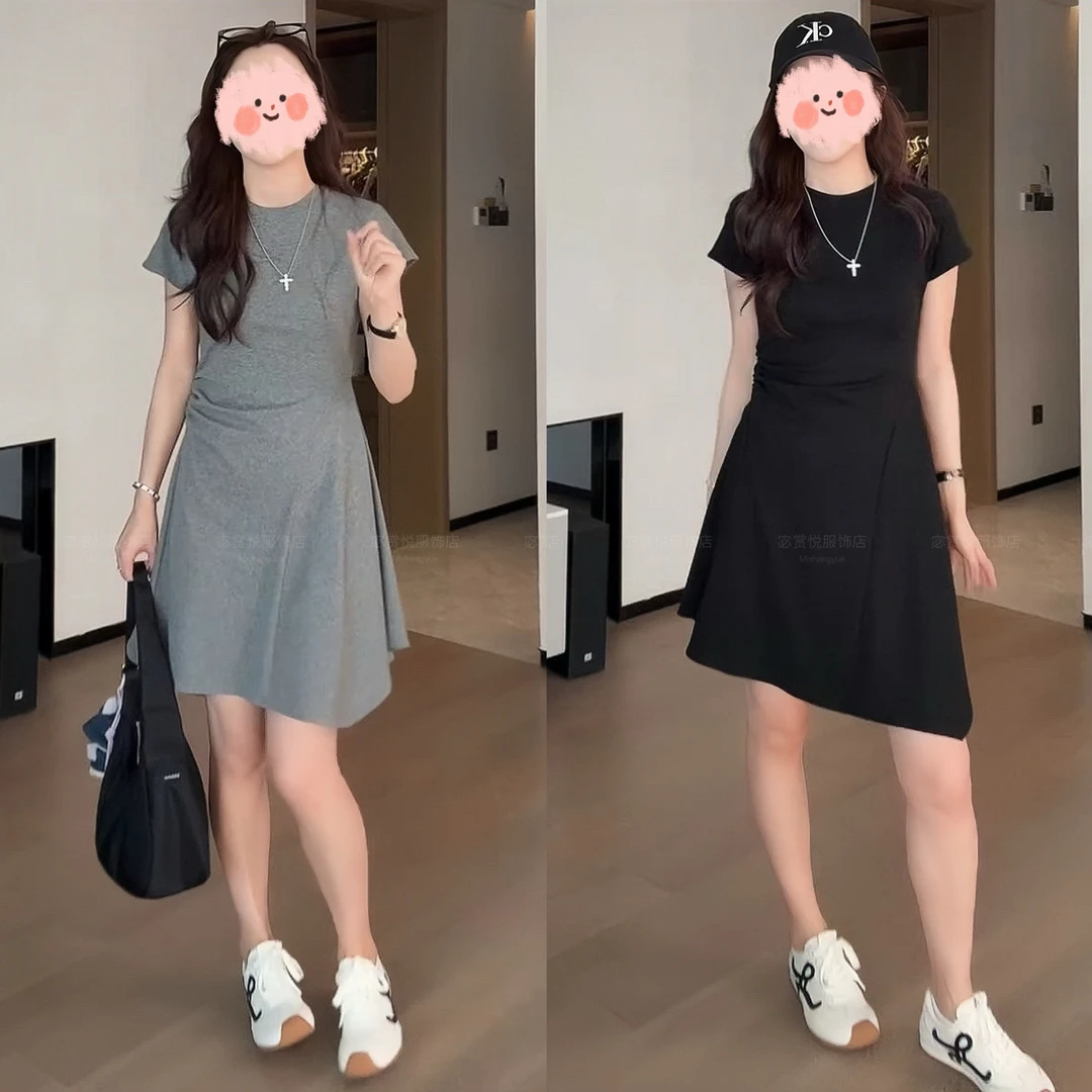 2025夏季欧货褶皱收腰圆领短袖连衣裙时尚百搭休闲不规则连衣裙