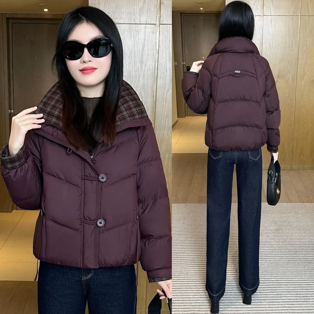 时尚格子拼接棉服女2025冬季宽松百搭显瘦加厚保暖小个子棉袄外套