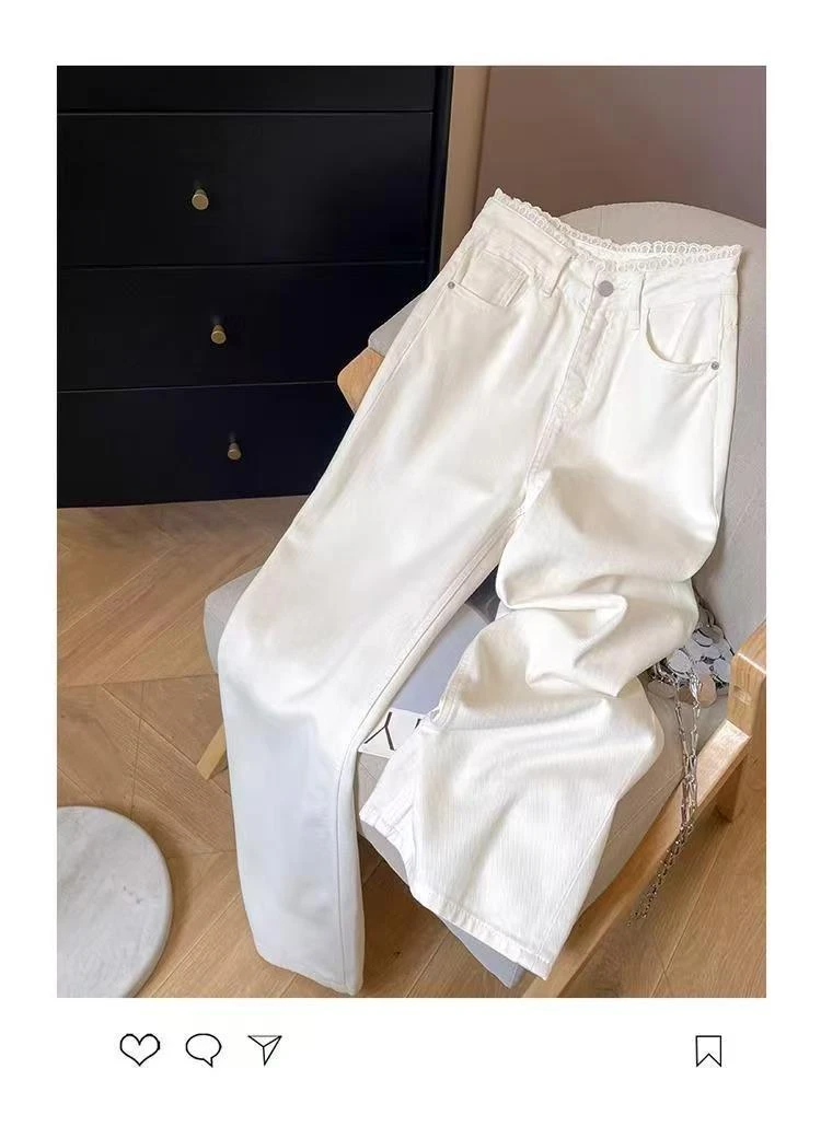 【送蕾丝腰带+5-8块运补】白色蕾丝春夏高腰牛仔裤显腿长窄版牛仔裤