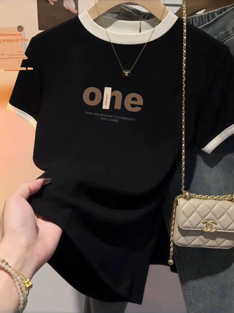 棉短款2025夏季新款撞色设计感小众正肩短袖上衣女修身收腰T恤