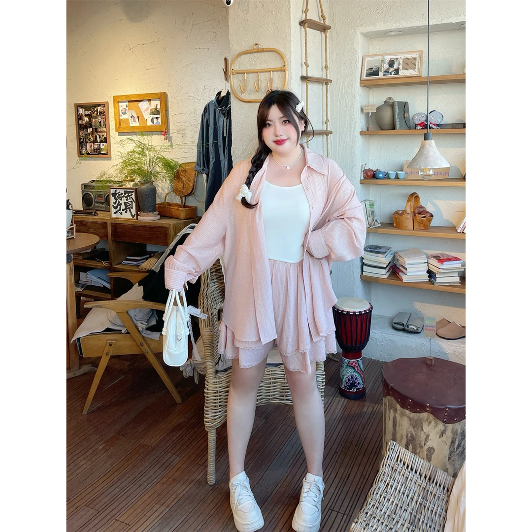 野莓气泡 / 气泡感希音条衬衫+短裤套装14448花契大码200斤胖mm