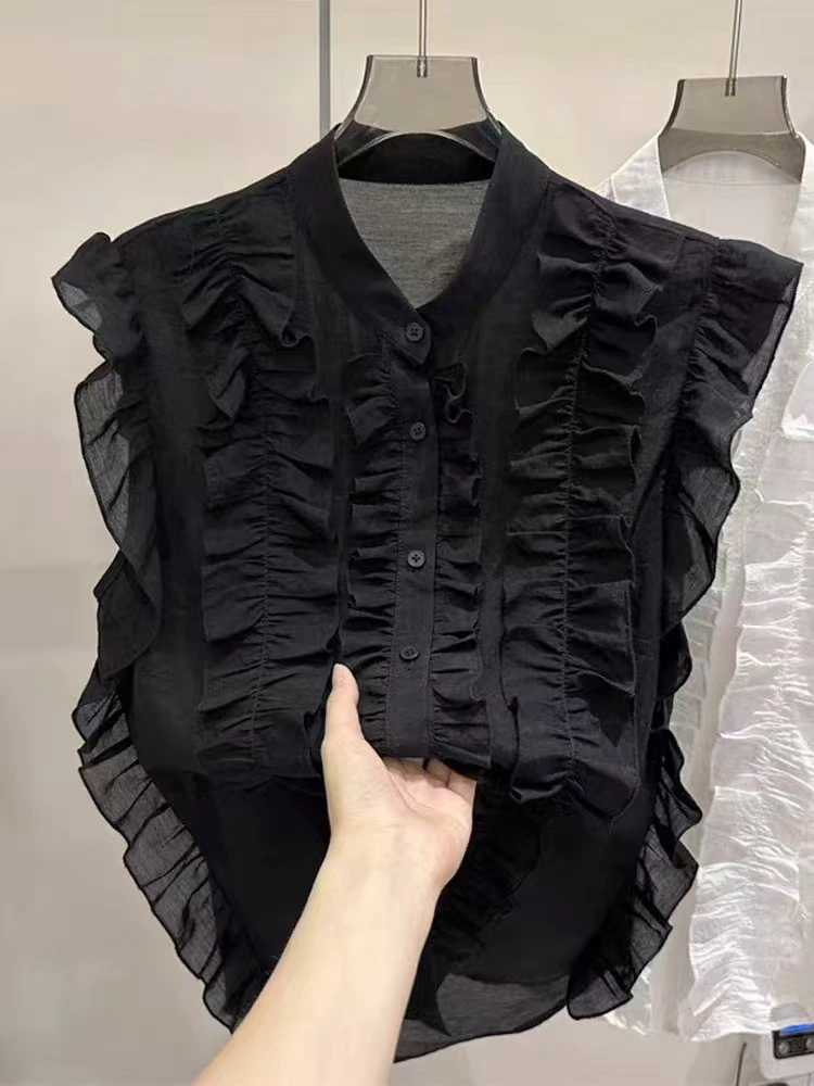 SHUSHU 气质衬衣无袖夏季小众小衫荷叶边木耳衬衫