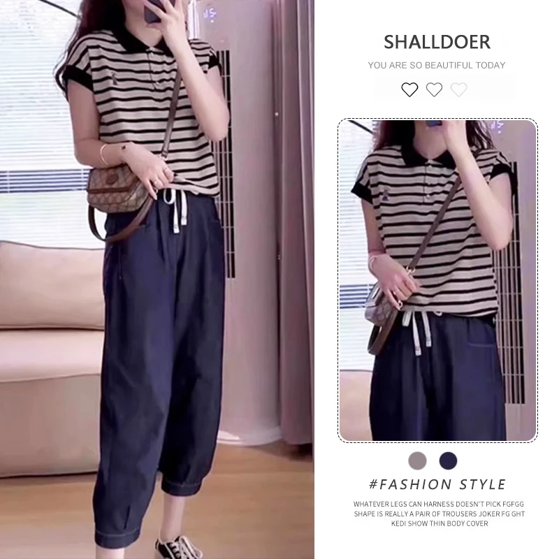 2025夏季新款条纹短袖t恤慵懒休闲裤两件套女网红流行一整套穿搭