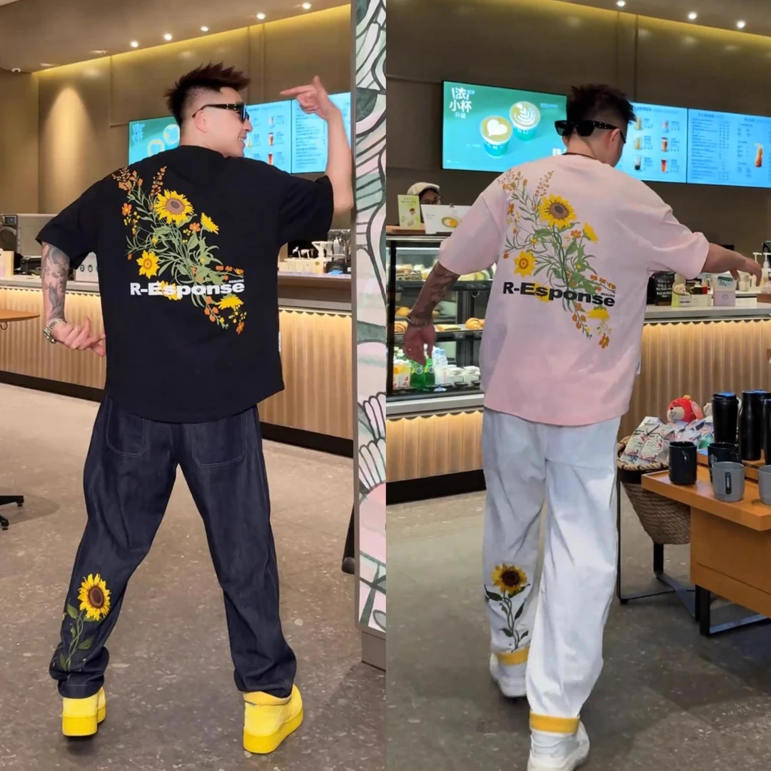 休闲套装男士夏季潮牌情侣款时尚百搭短袖+卷边直筒牛仔裤两件套