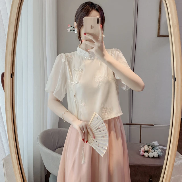 新中式旗袍盘扣上衣半身裙汉服班服仙气成人古装江南风甜美两件套