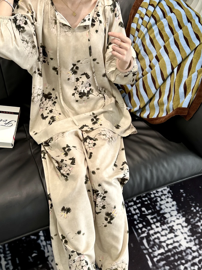 夏季碎清欢外穿时尚家居服减龄休闲棉绸睡衣空调服套装薄款大码