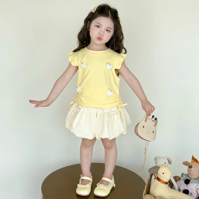 女童套装夏季2025新款洋气时髦女宝宝夏装儿童小飞袖花苞裙两件套