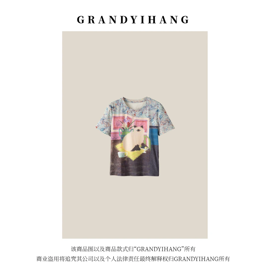 【艳姐推荐】夏季新款时尚气质百搭短袖花色猫咪T恤上衣28889