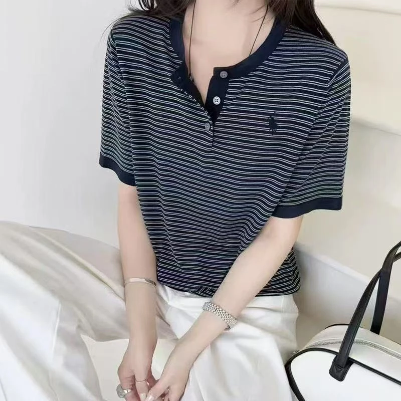 外贸原单【刺绣小马】纽扣撞色条纹时尚百搭宽松休闲短袖T恤女25045