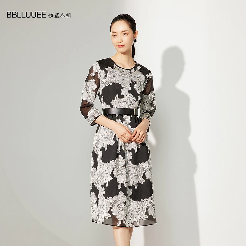 【晨粉专享价】BBLLUUEE/粉蓝衣橱雅致东方提花连衣裙女2023秋冬重