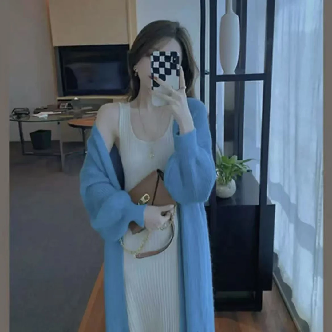 慵懒风2025春秋韩版时尚宽松蓝色开衫毛衣针织吊带内搭连衣裙套装