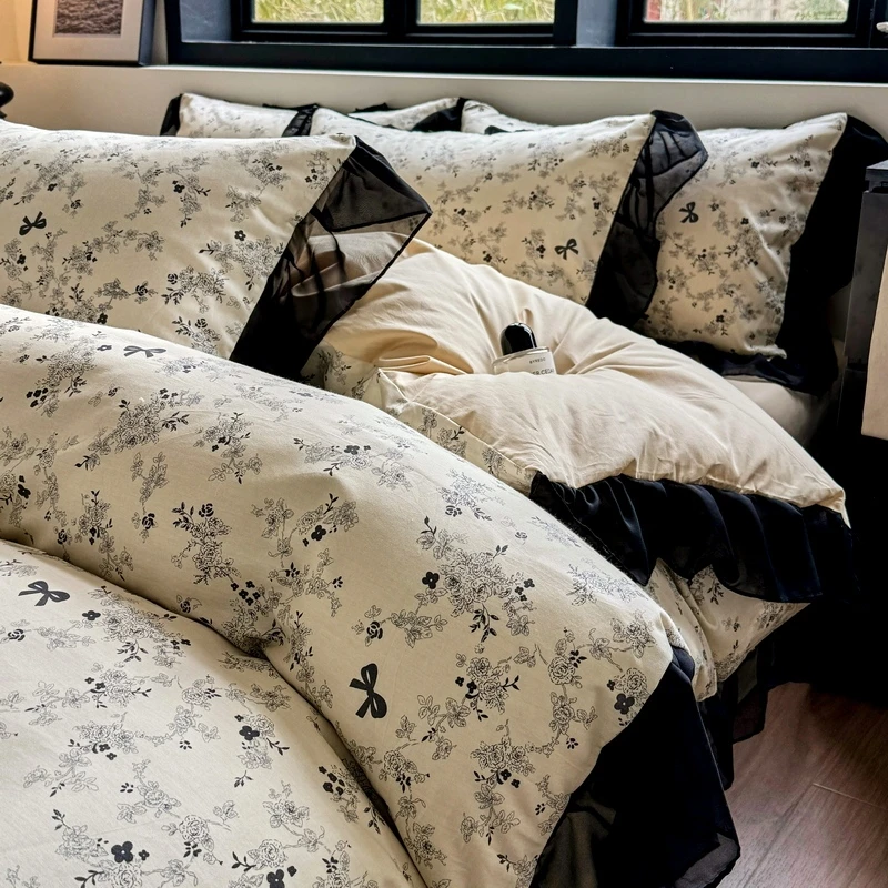 复古法式赫本风花边纯棉床上四件套全棉蕾丝花边被套床单笠三件套