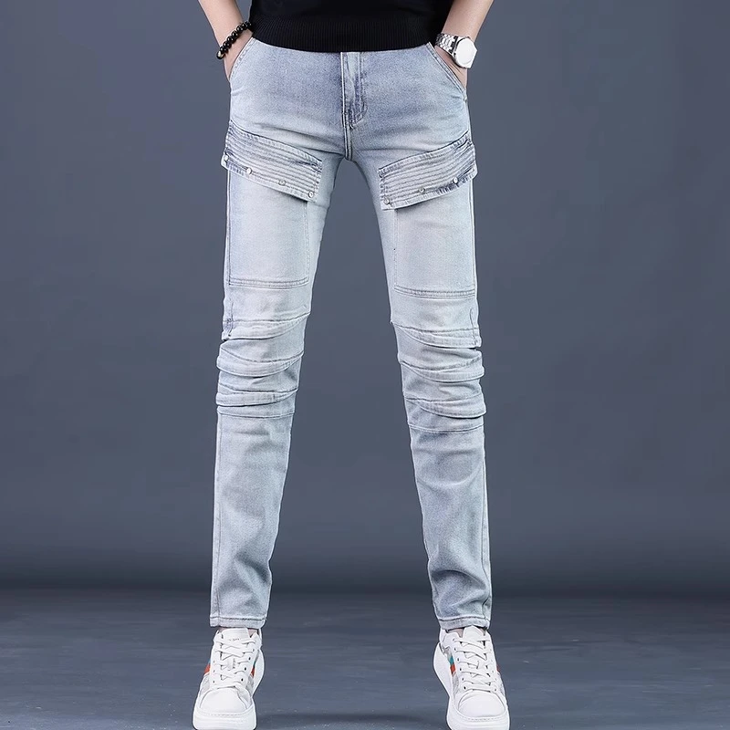 高端春夏季新款高端弹力机车牛仔裤男士修身小脚休闲浅色个性长裤