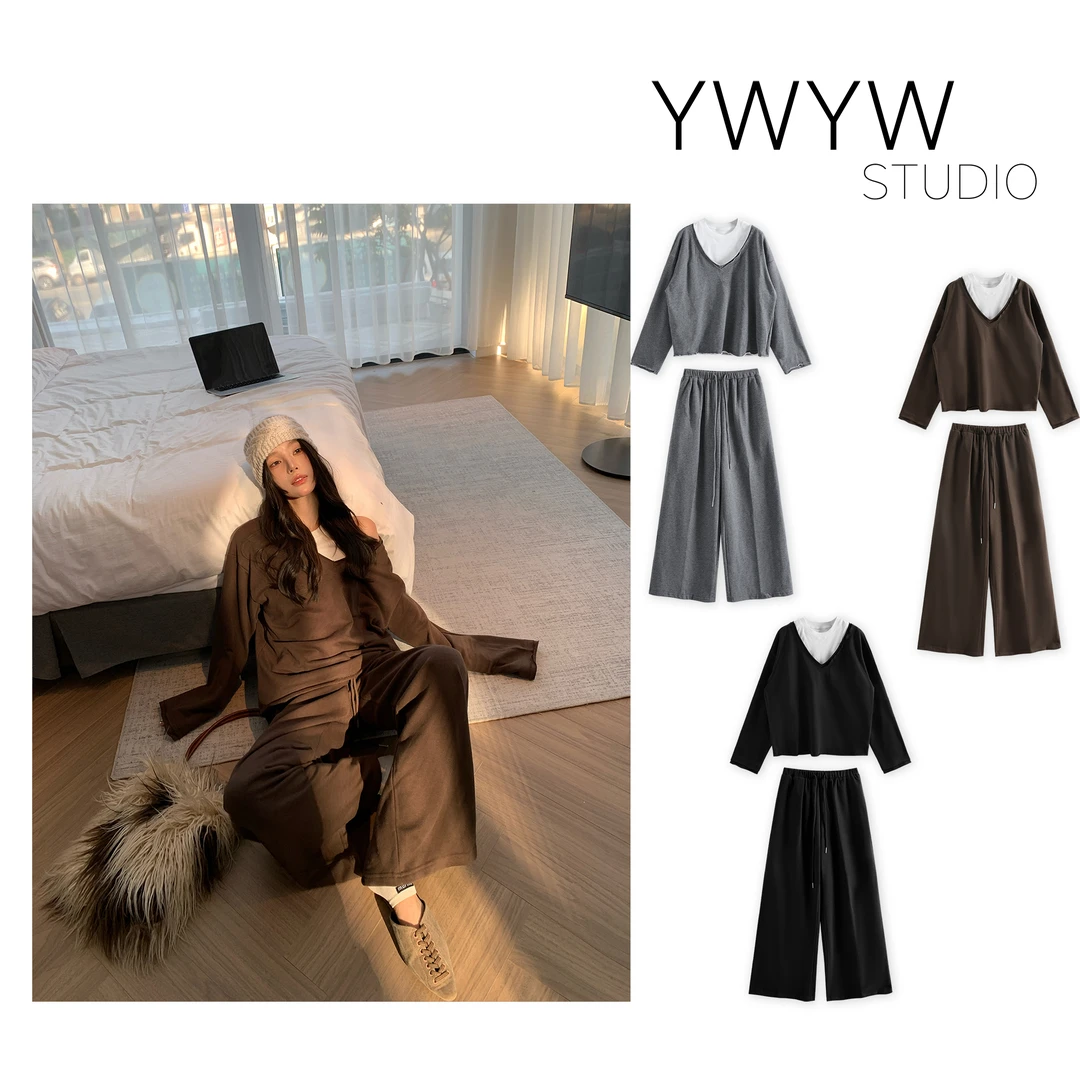 纯色露肩百搭背心+深V领宽松卫衣+直筒阔腿休闲裤套装A1007