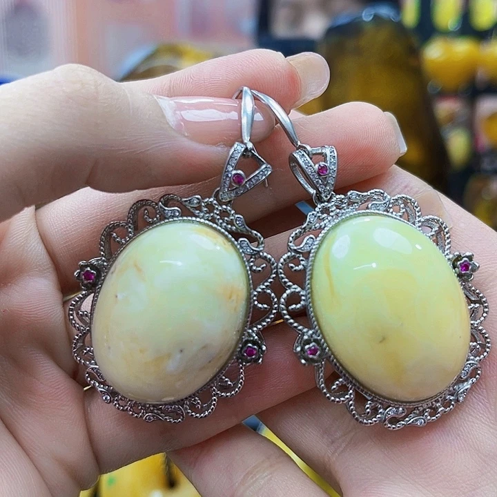 琥珀银S925镶嵌戒指耳环