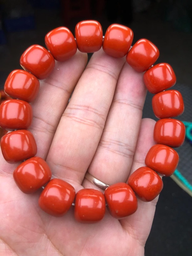 316满色满肉南红14mm老型桶珠手串