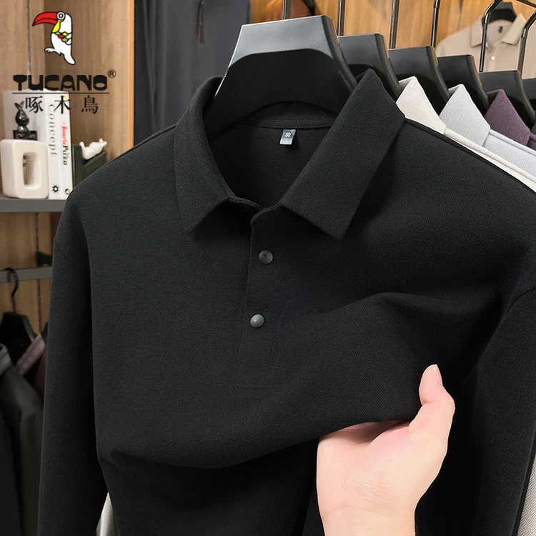 啄木鸟2025春秋季新款男士翻领POLO衫纯色打底衫时尚长袖T恤潮