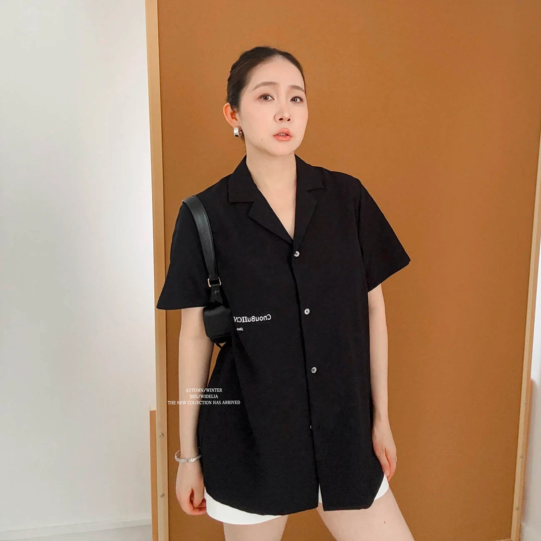 夏款韩版7326 街头休闲个性宽松通勤质感时尚V领纯色衬衣