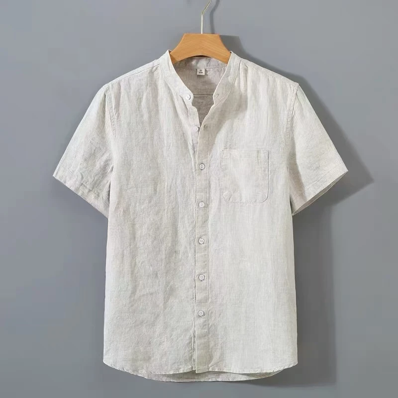 高端中式国风复古纯亚麻立领短袖衬衫麻布男装100%全麻料衬衣寸衫
