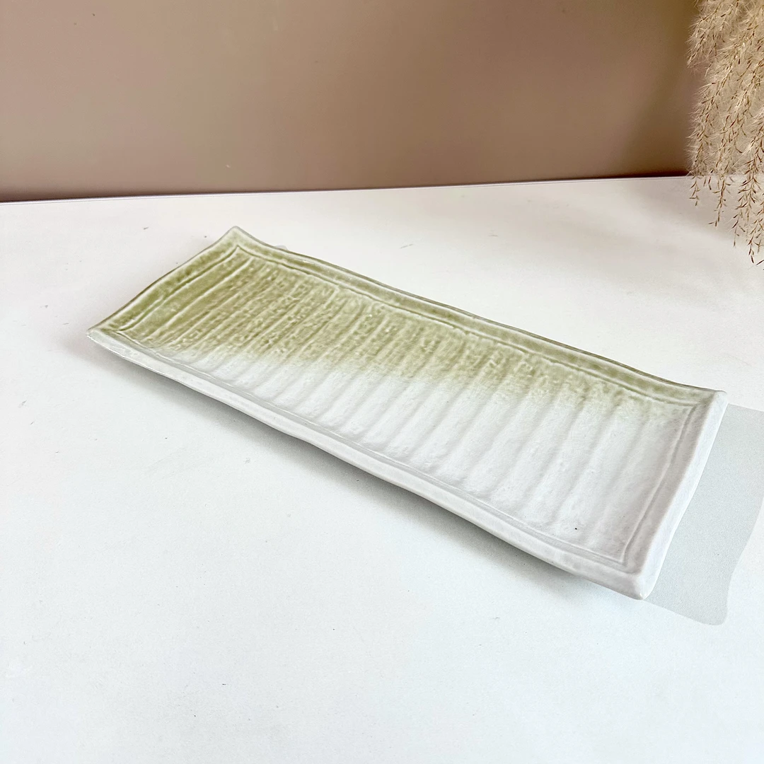 【信乐烧 织布拼白斜纹长盘38*15*2.5cm】日本进口陶土盘鱼盘家用