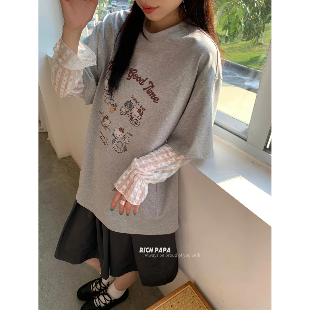 L-T163#RICHPAPA#韩系宽松百搭可爱KT猫印花休闲短袖T恤（福利）
