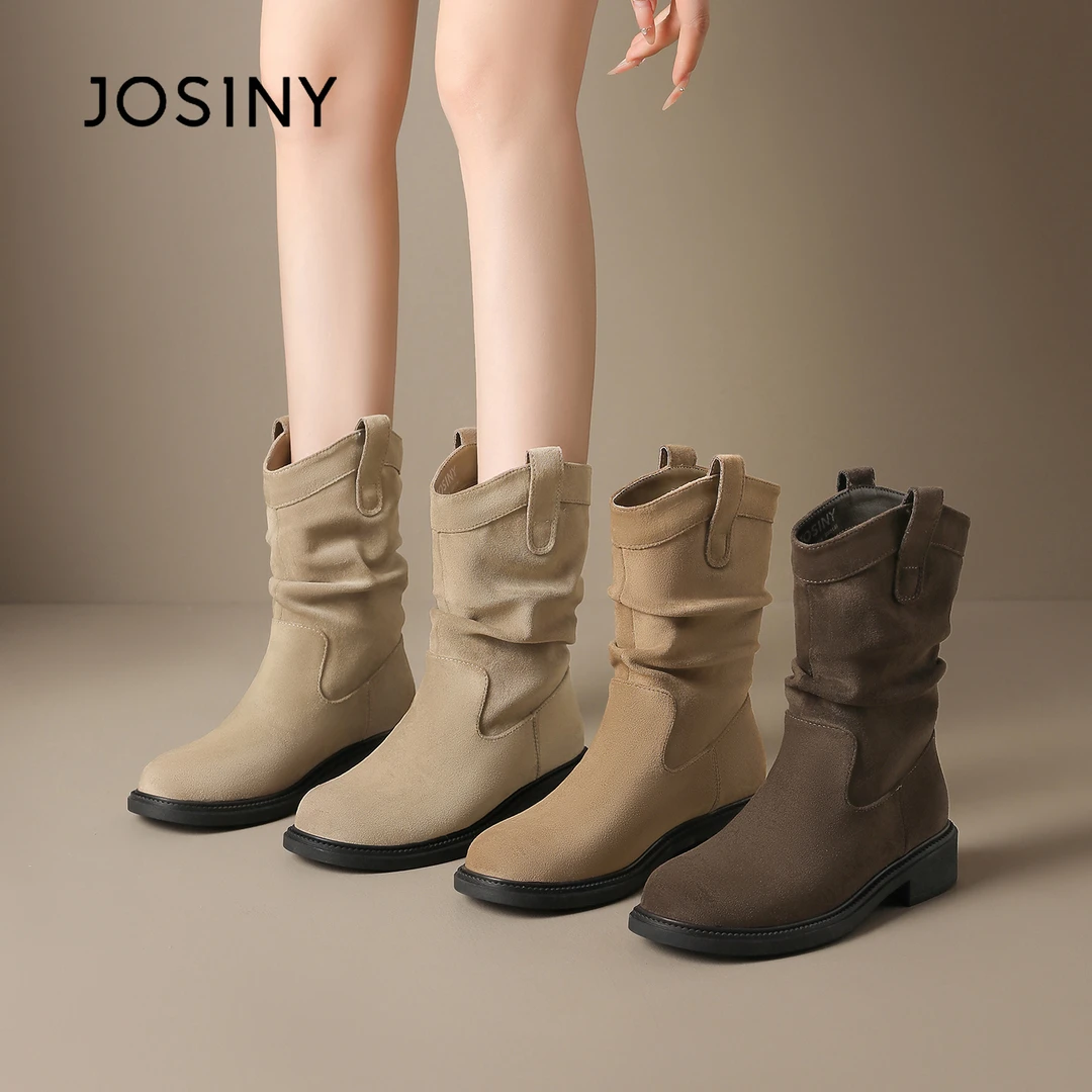 卓诗尼绒面短靴女显脚小中筒靴一脚蹬配裙子美拉德英伦单靴小个子