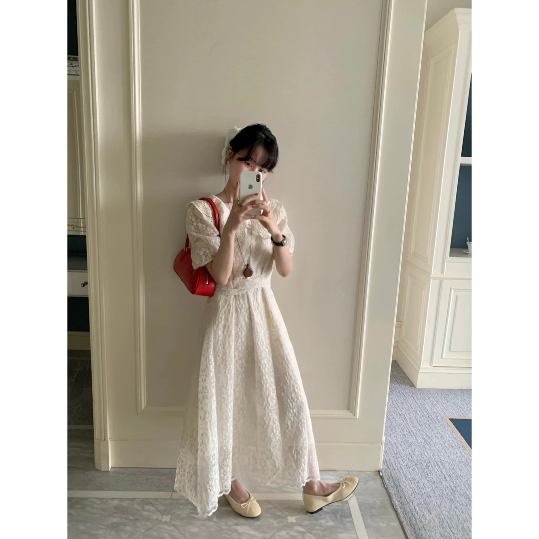 【蔡蔡专属】高级感水溶蕾丝连衣裙收腰显瘦翻领裙子