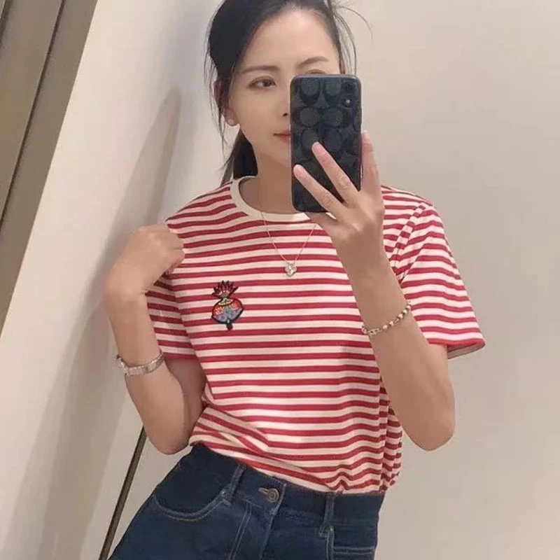 【刺绣小萌】2025早春新款时尚百搭亲肤设计师款纯棉条纹T恤.Y7921
