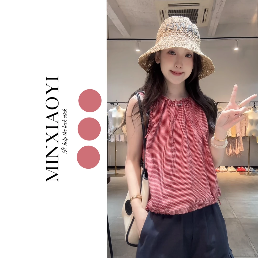 【闵笑一】红茶微甜 夏季新款甜美简约圆领格子无袖背心女衬衣