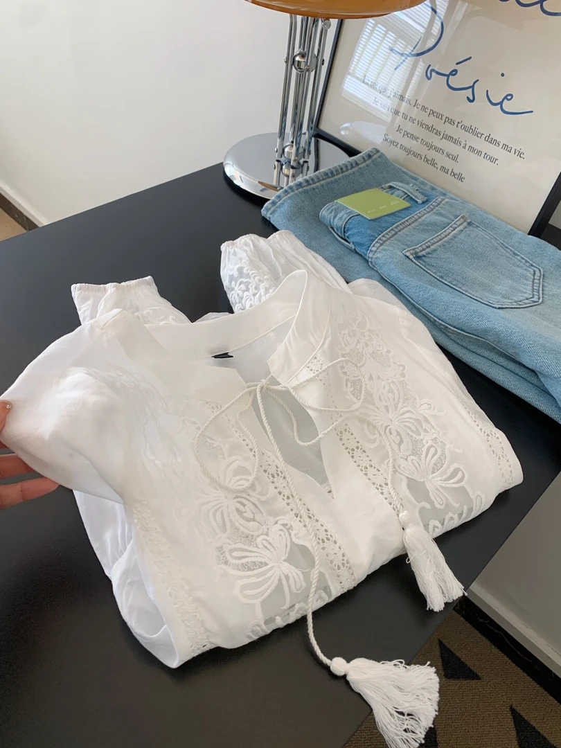 新中式国风白色刺绣长袖衬衫女轻奢高级感设计感小众上衣气质小衫