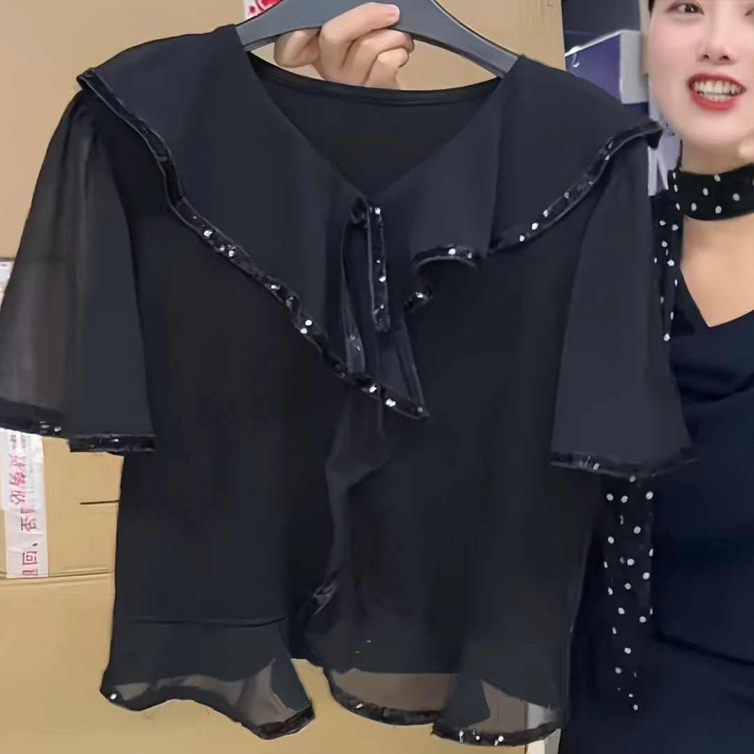 2025夏季新款修身法式V领荷叶边上衣女气质设计感洋气显瘦短袖女