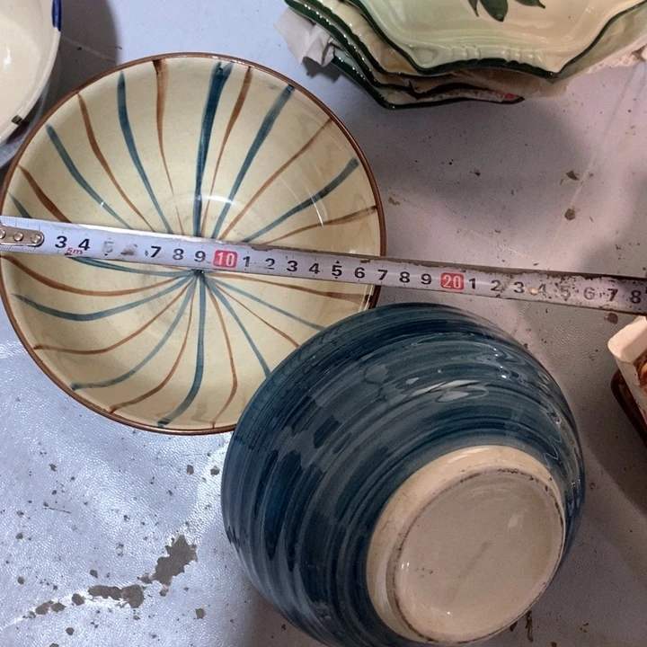 瓷片手绘釉下彩大碗一对微失圆