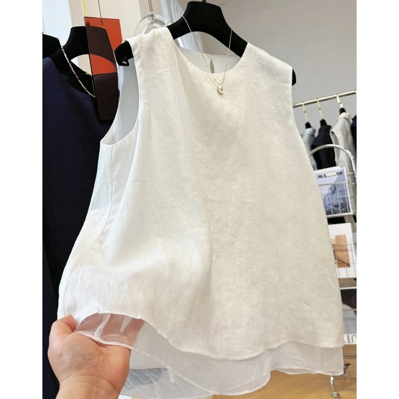 高级感拼接层次感假两件A字无袖亚麻背心女夏季外穿无袖坎肩上衣
