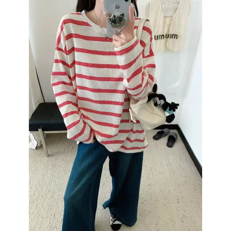 慵懒休闲红白条纹长袖针织衫上衣6575飞